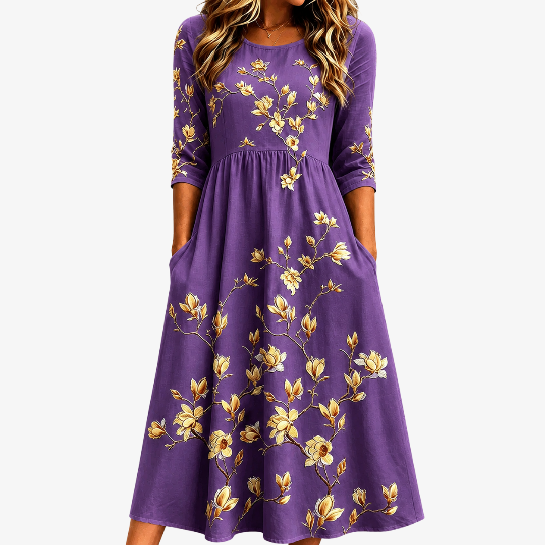 Goldene Magnolie Charmantes Midikleid mit Taschen