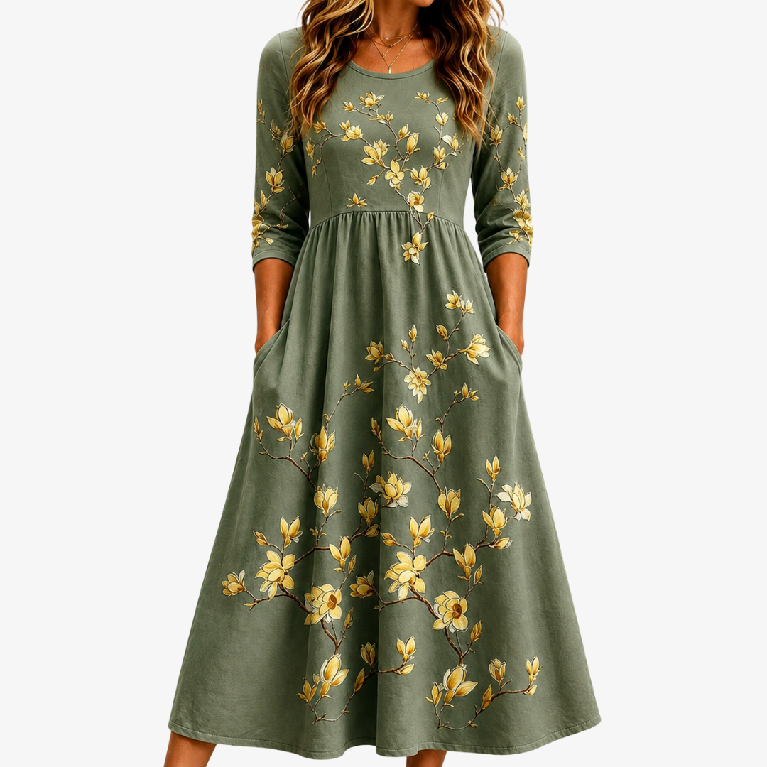 Salbeiblüten Elegantes Midikleid mit Taschen