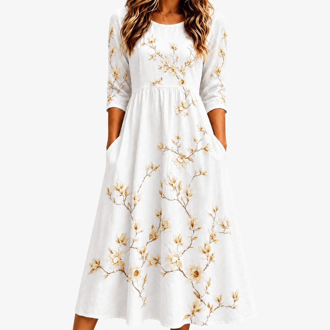 Elfenbeinfarbene Blüten Elegantes Midikleid mit Taschen