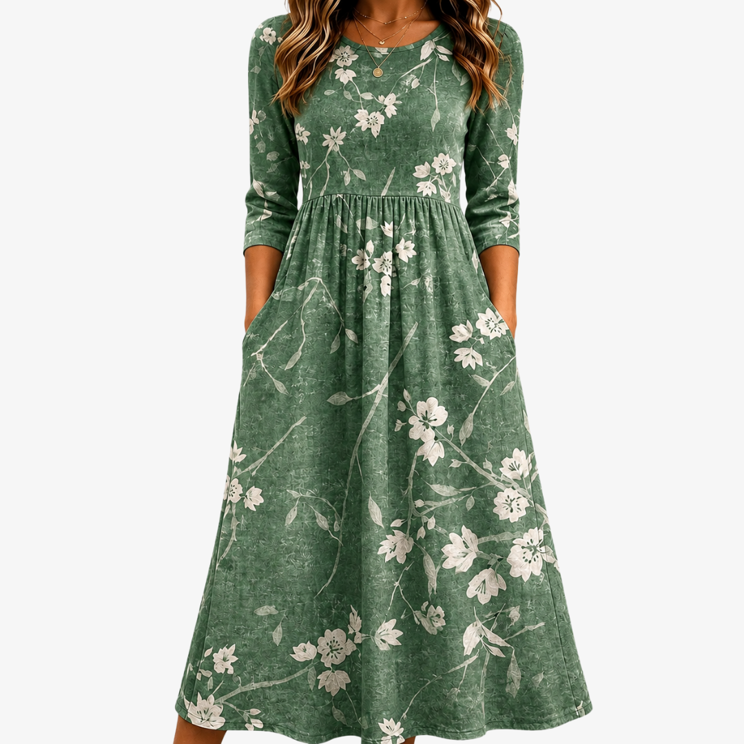 Immergrüne Blüten Lockeres Midikleid mit Taschen