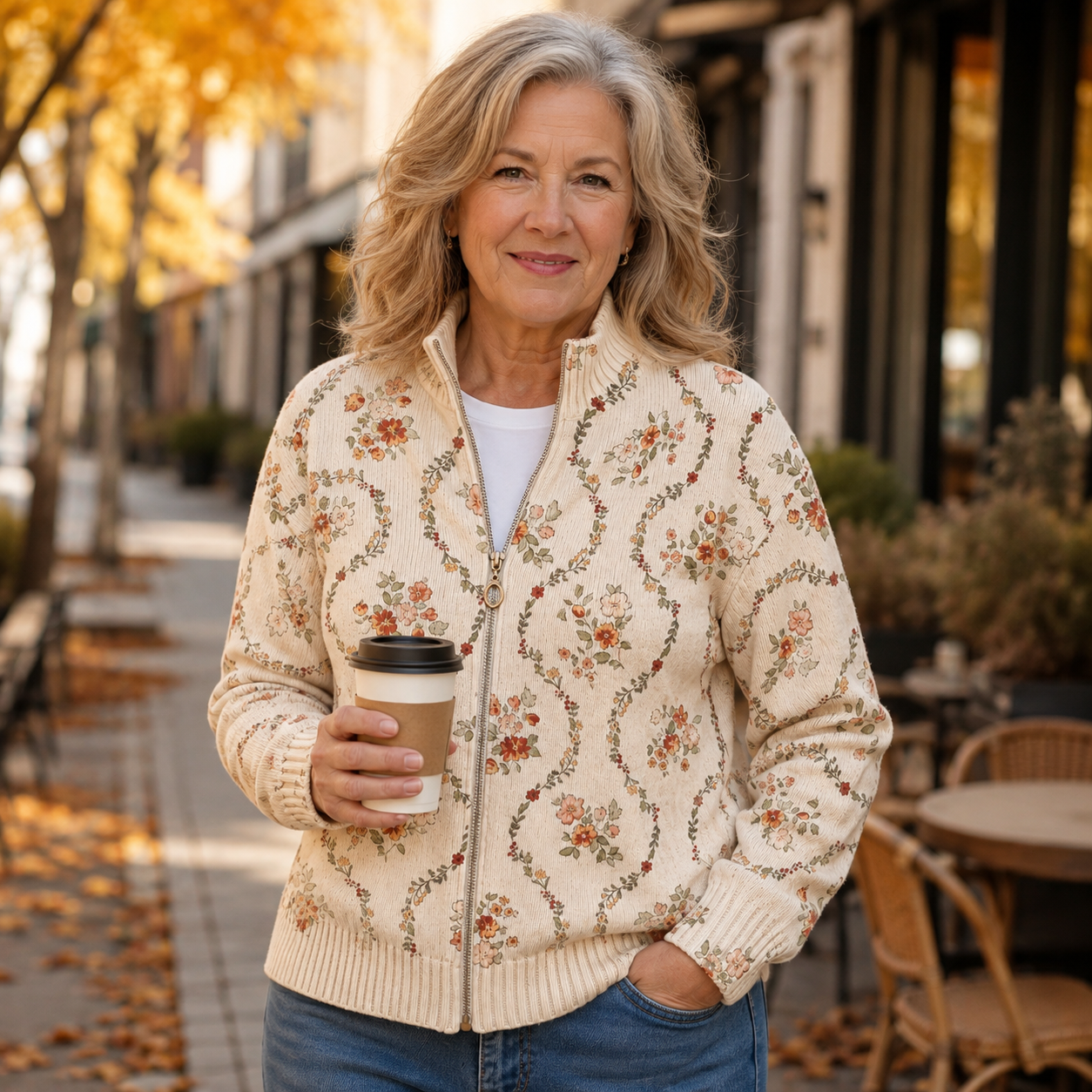 Persephone™ | Cardigan mit zartem floralem Efeu-Print in Creme