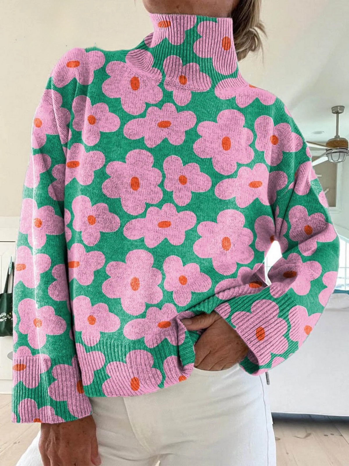 Hannah | Geblümter Strick-Rollkragenpullover