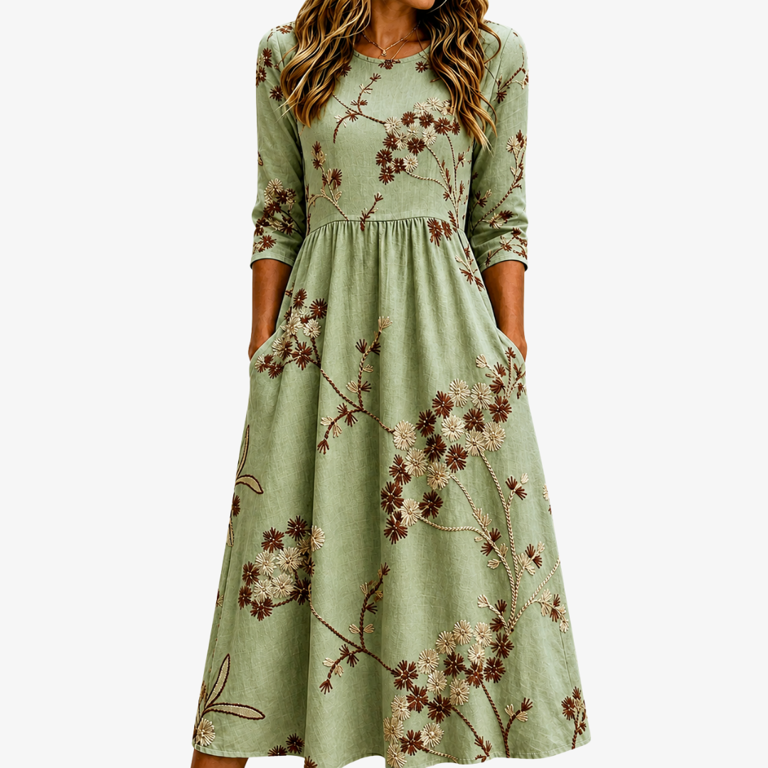 Salbeigrüne Blumenwiese Midikleid mit Taschen