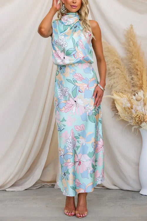 Asymmetrisches langes Kleid aus Satin mit Blumenmuster und Schleife am Ausschnitt