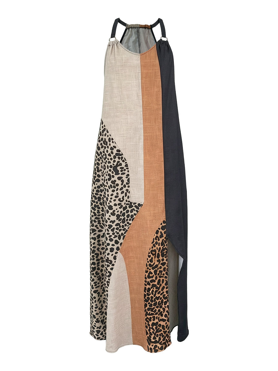 LUCIA | Maxikleid mit Neckholder, Leopardenmuster und asymmetrischen Einsätzen