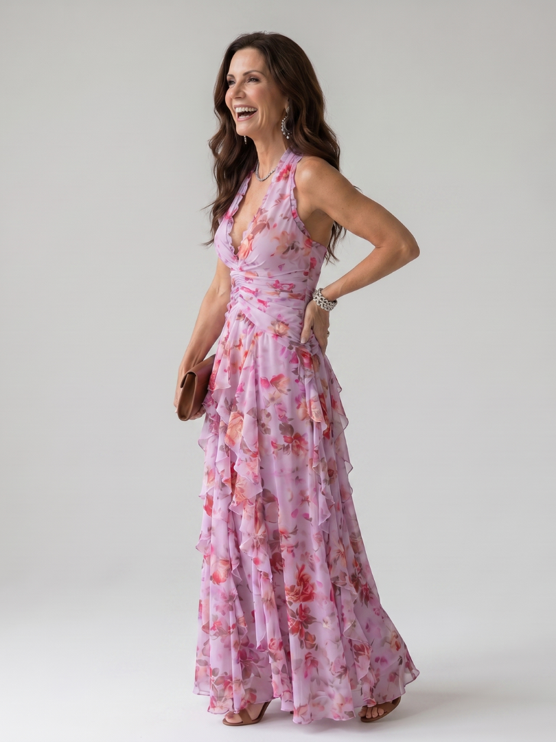 Nori | Geblümtes Maxikleid mit Sweetheart-Ausschnitt und Rüschenoberteil