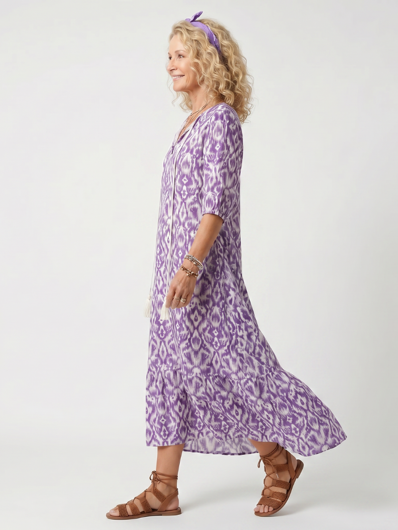 Penelope | Midi-Kleid mit bedrucktem Kragen und Quasten