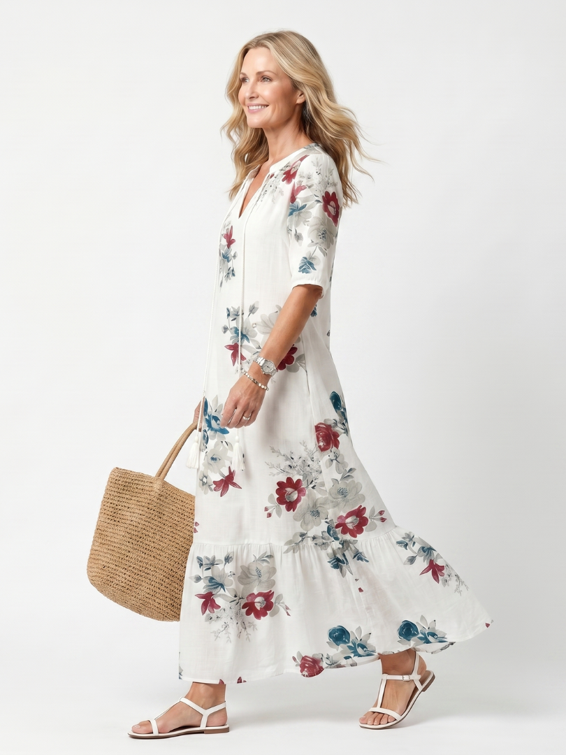 Maeva | Midi-Kleid mit Quasten und verstreutem Blumenmuster
