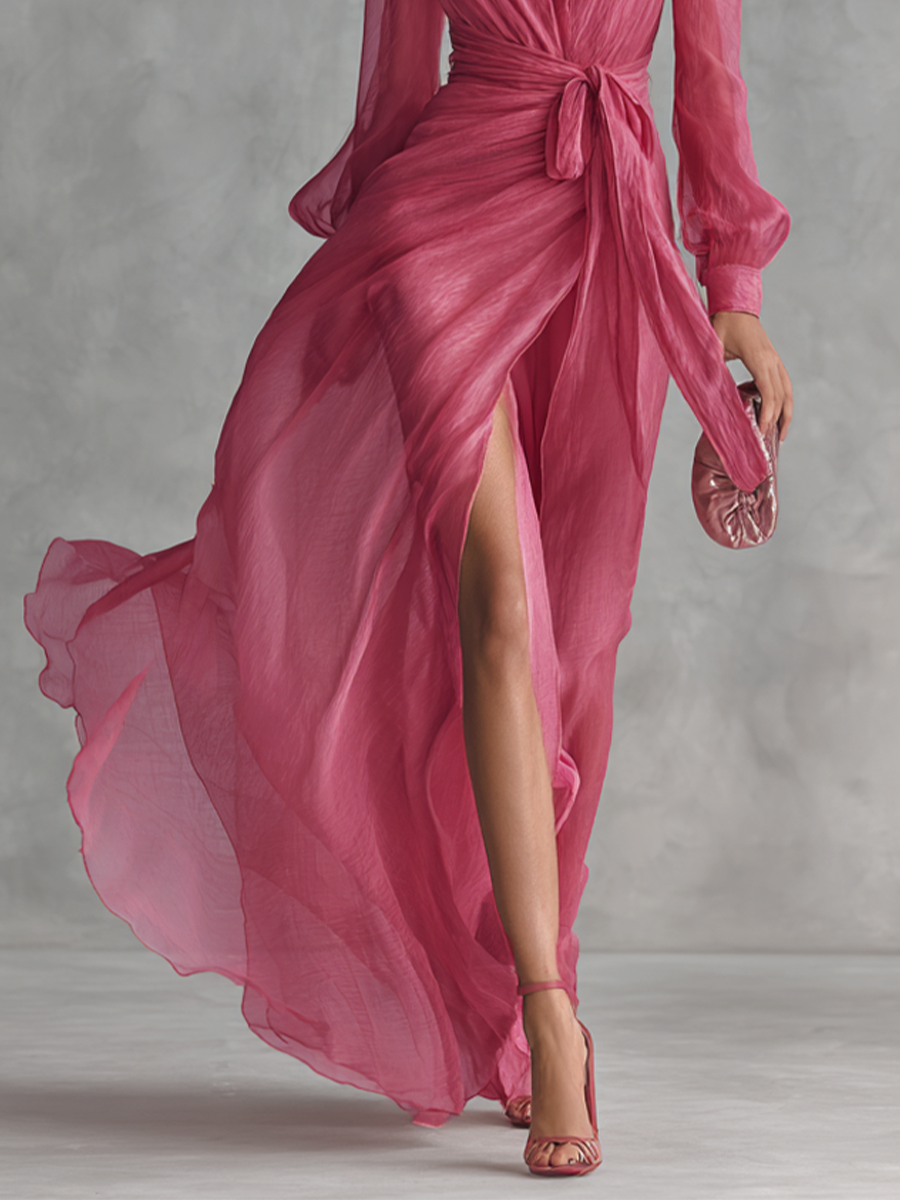 Elegantes langes Kleid aus rosa Chiffon mit Perlen und V-Ausschnitt für Frauen
