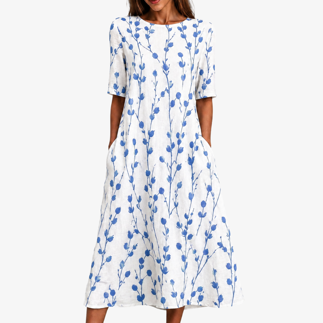 Blaue Wiesenbrise Midikleid mit Taschen