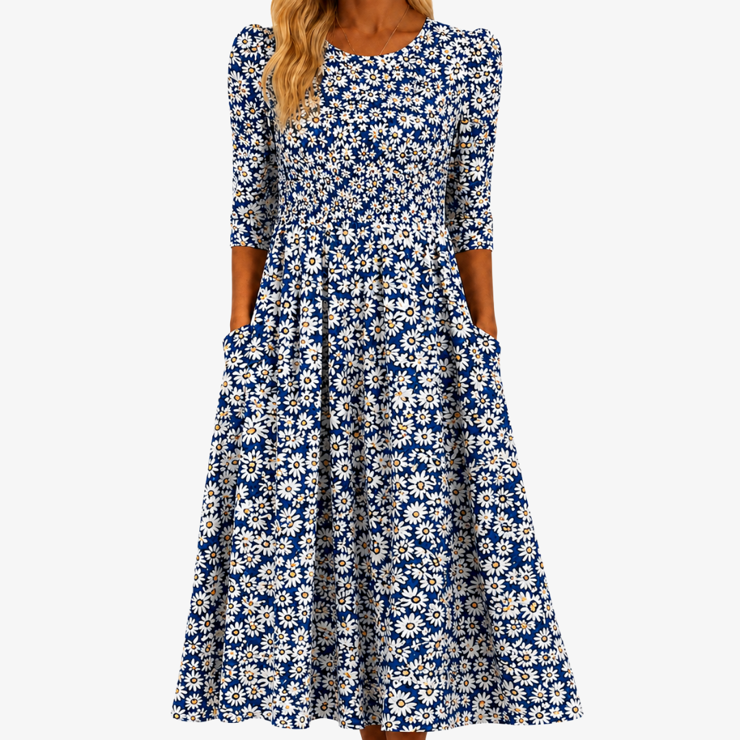Blaues Gänseblümchen-Garten Maxikleid mit Taschen