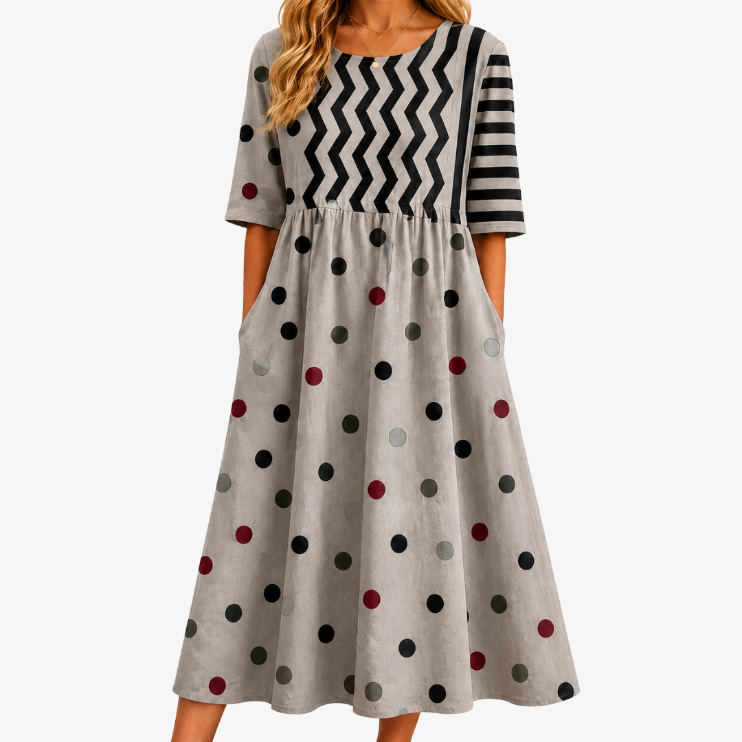 Moderner Charme Midikleid mit Mustermix und Taschen