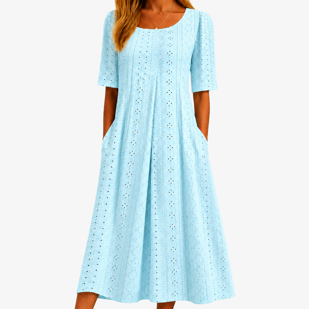 Himmelslicht Elegantes Lochstickerei-Midikleid mit Taschen