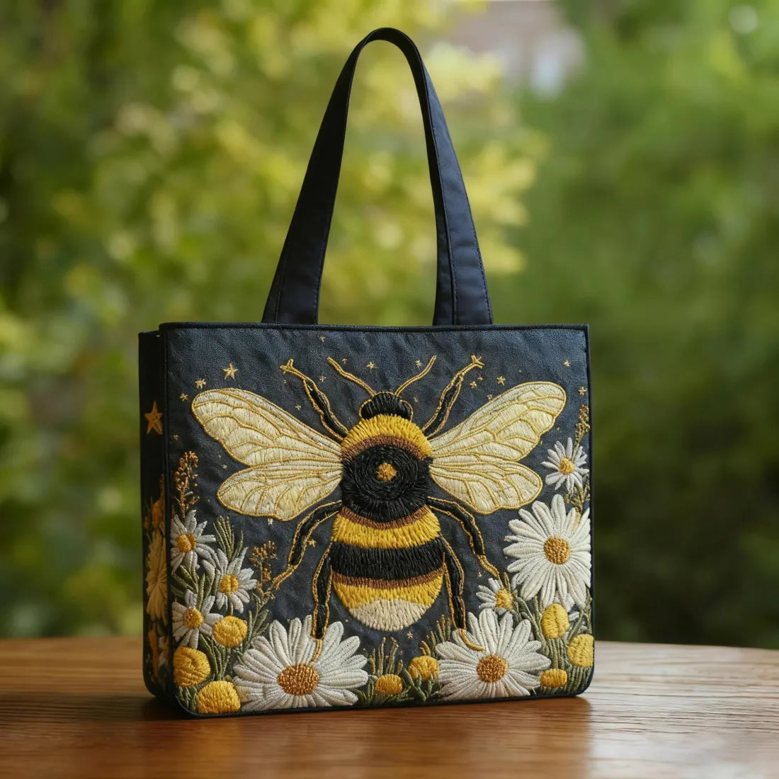 Handgefertigte Tasche - Biene mit Margeriten und Sternen