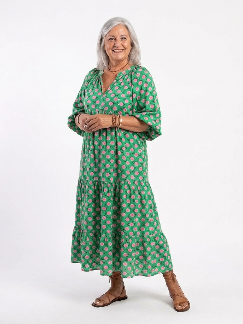 Fiora | Midi-Kleid mit V-Ausschnitt, Stufenrock und Blumenmuster