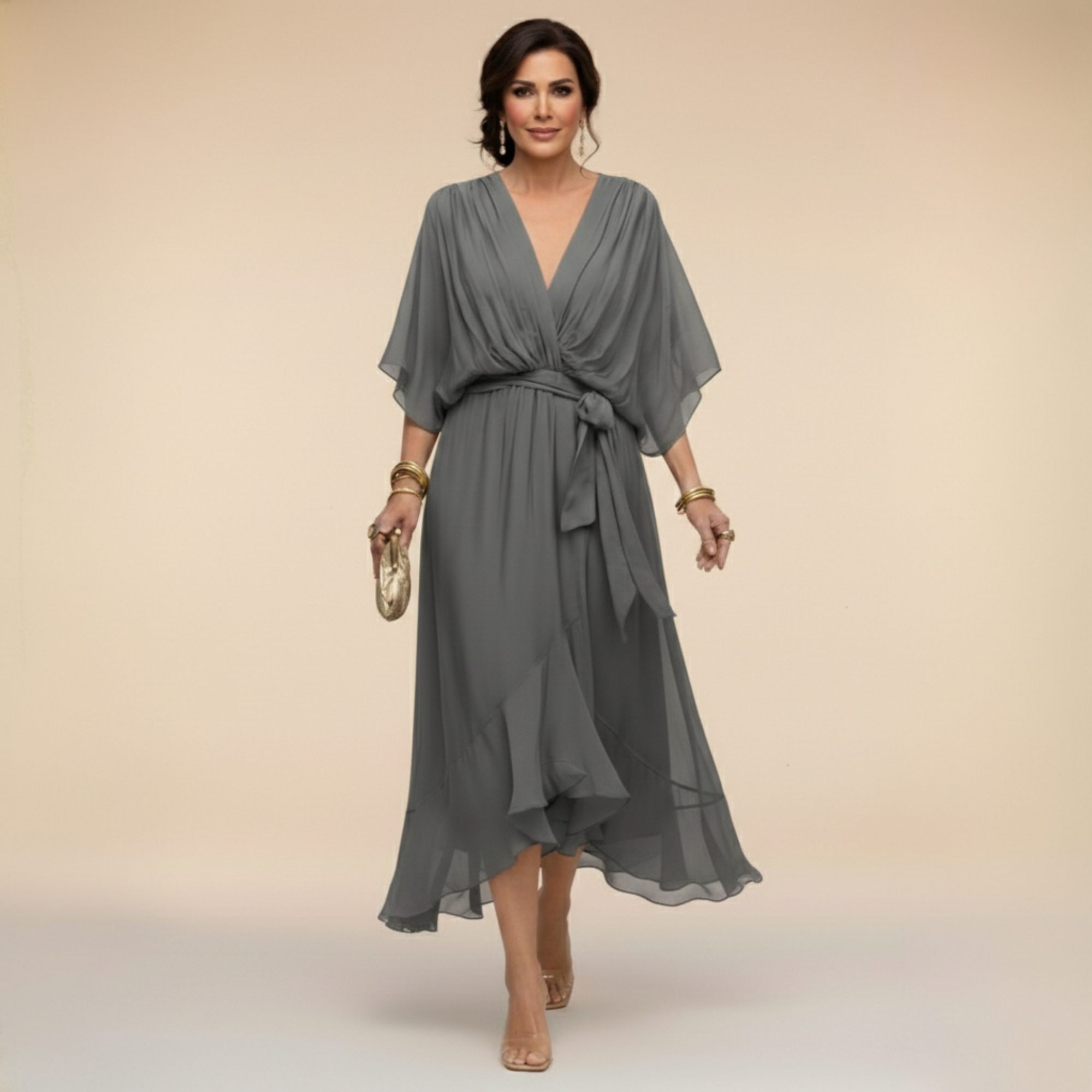 Sarah™ | Sandra Chiffon Kleid mit V-Ausschnitt