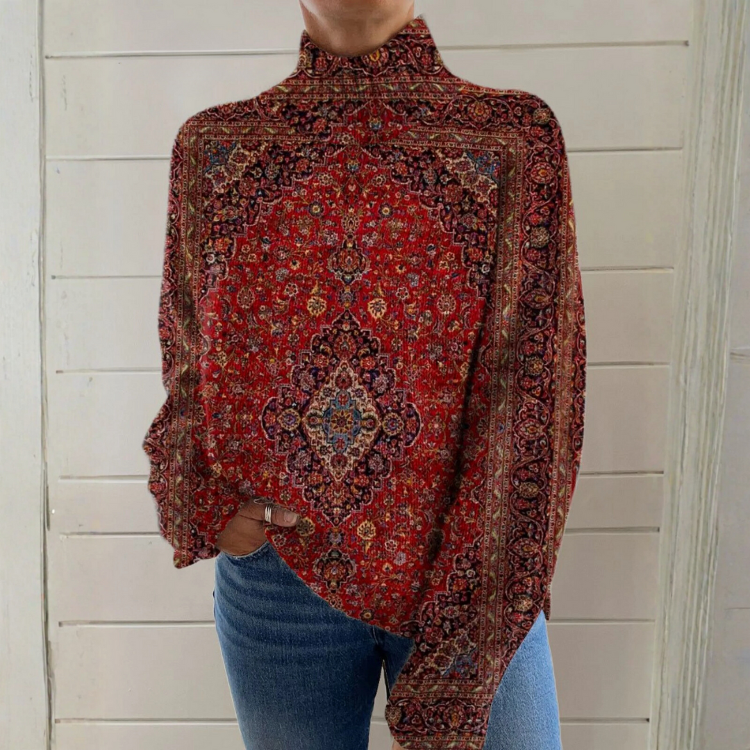 Chloe - Vintage-Strickpullover mit Kunstdruck und Rollkragen
