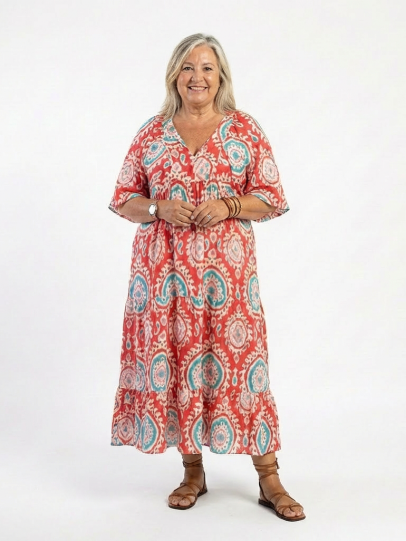Zaria | Midi-Kleid mit V-Ausschnitt, kurzen Ärmeln und Paisley-Muster