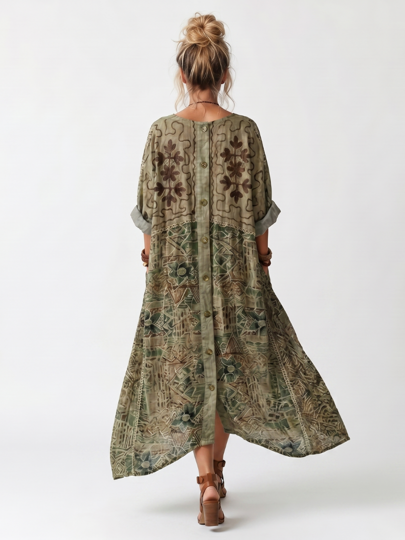 Aleta | Midi-Kleid mit Knopfleiste, Stickerei und übergroßer Tasche