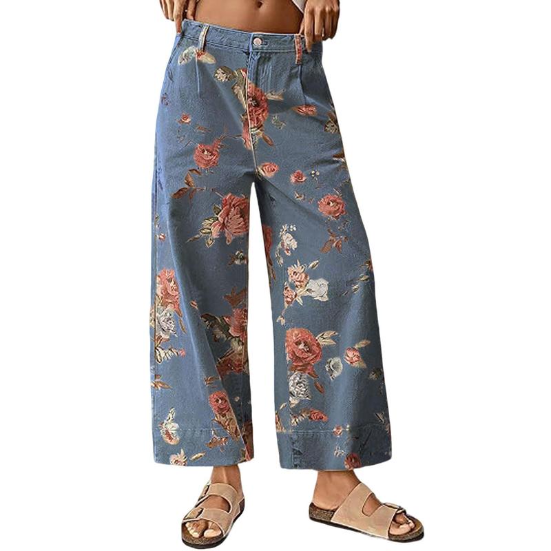 Florale Weite Rohre Hohe Taille Freizeithosen