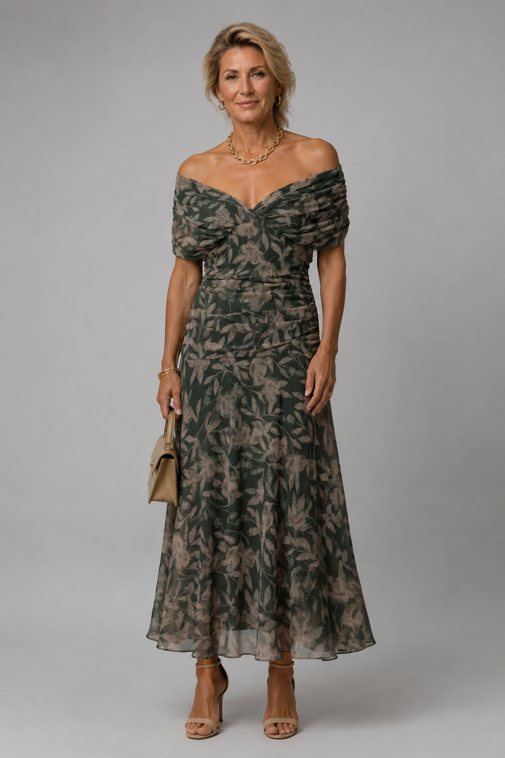 Ariane | Drapiertes schulterfreies Midikleid
