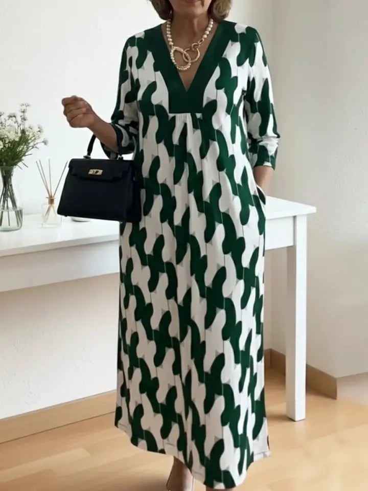Elara – Midi Kleid mit künstlerischem Print und V-Ausschnitt