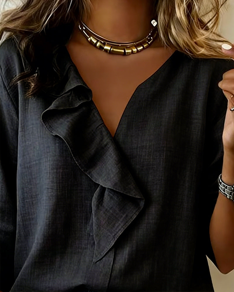 Unifarbene Bluse mit Rüschen und langen Ärmeln