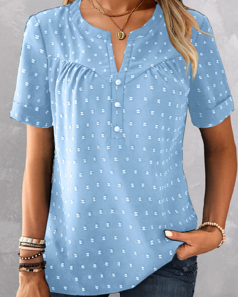 Jacquard-Bluse mit V-Ausschnitt, Halbknopfleiste und kurzen Ärmeln