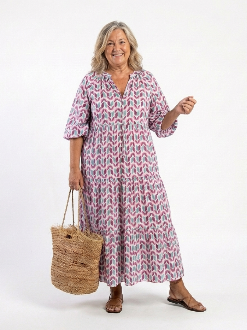 Mireya | Midi-Kleid mit langen Ärmeln, gestuftem Schnitt und geometrischem Muster