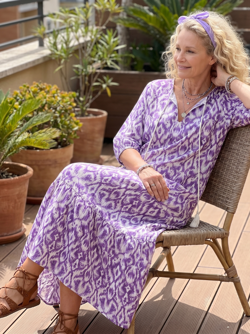 Penelope | Midi-Kleid mit bedrucktem Kragen und Quasten