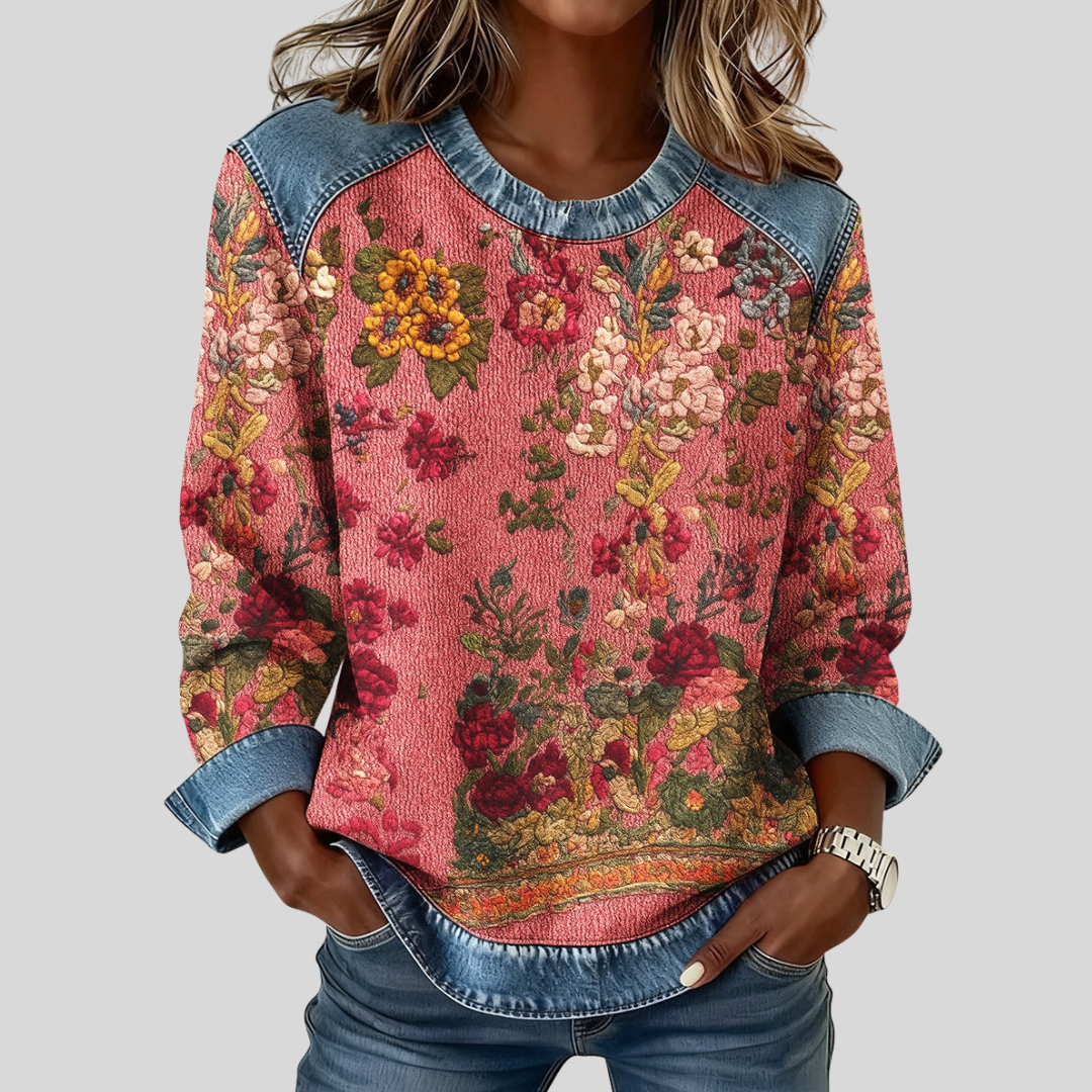 Orabelle™ | Sweatshirt mit Blumenprint und Denim-Besatz