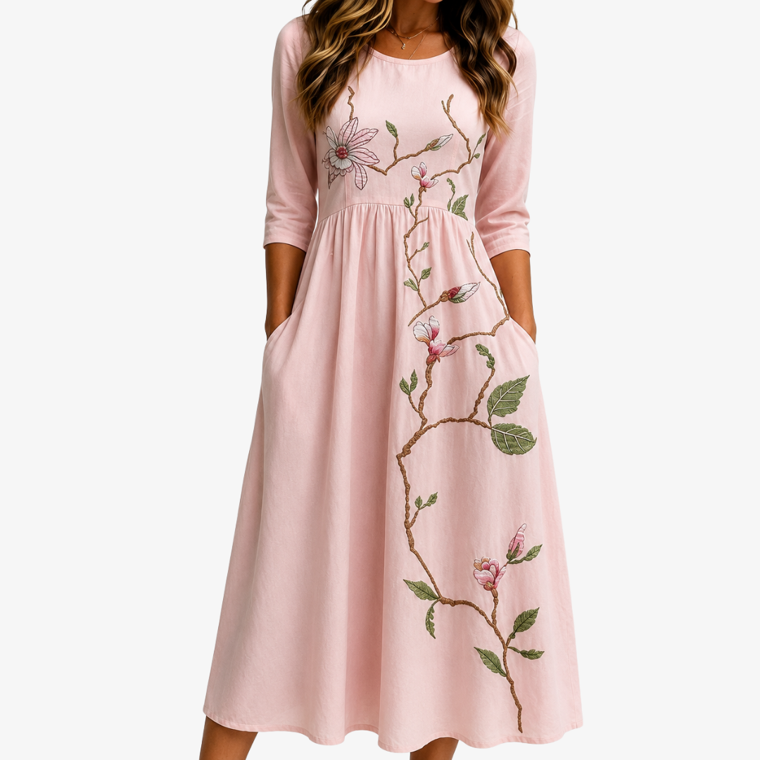 Zartrosa Magnoliengarten Midikleid