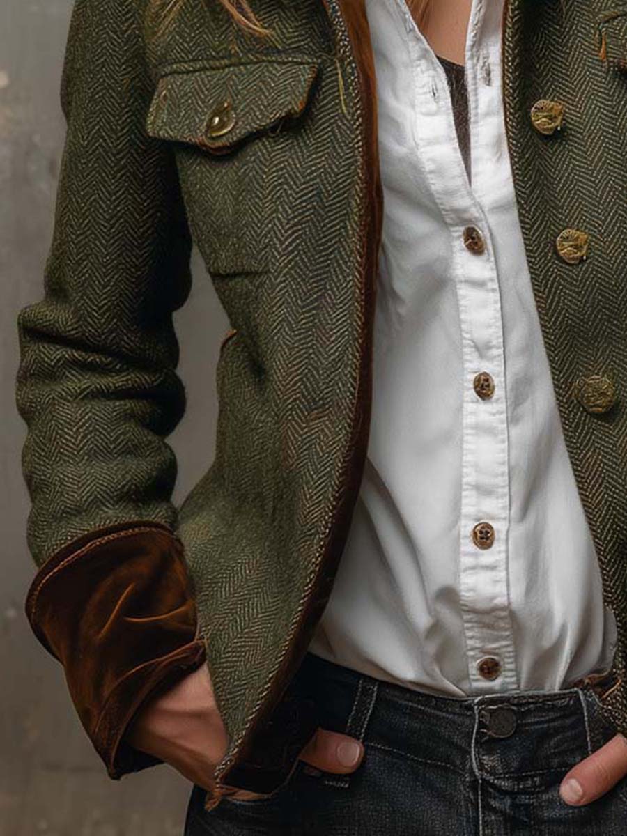 Damen Vintage-Blazer mit Fischgrätmuster und Kontrastbesatz