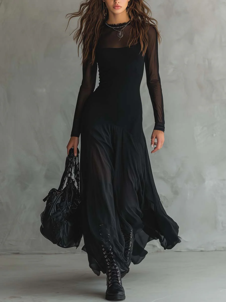Domitille | Schwarzes Maxikleid mit Tüll-Patchwork