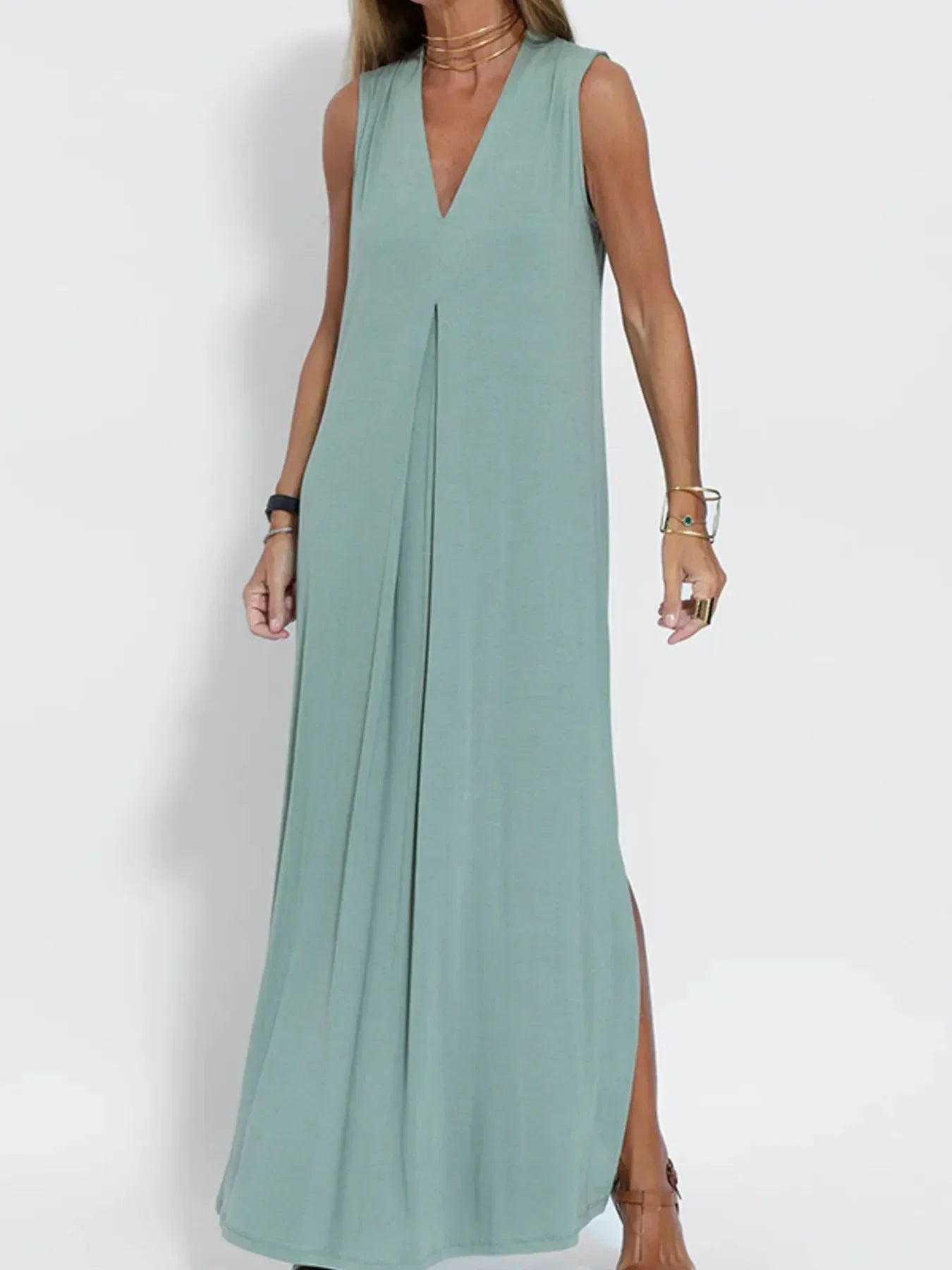 Ärmelloses Maxikleid mit V-Ausschnitt und Schlitz Große Größen