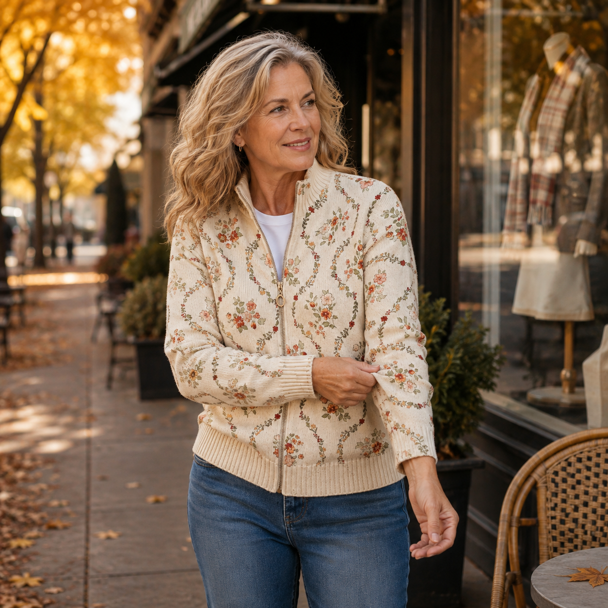 Persephone™ | Cardigan mit zartem floralem Efeu-Print in Creme