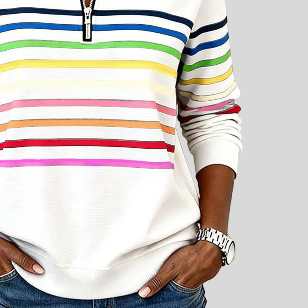 Prismette™ | Bunt gestreiftes Sweatshirt mit Viertelreißverschluss