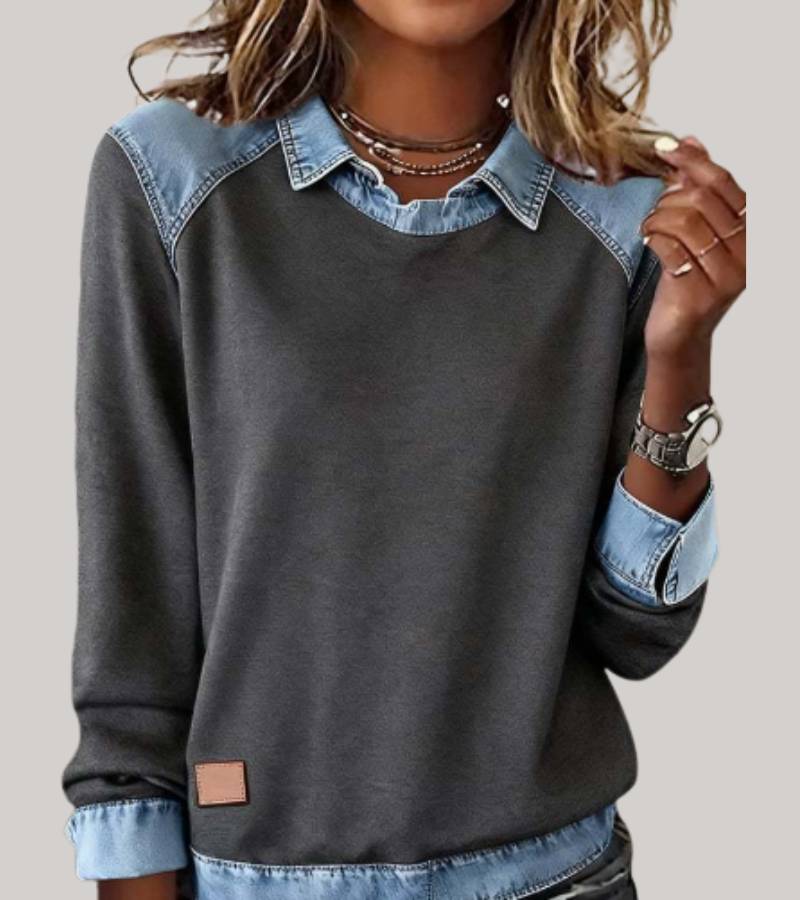 Silvia | Patchwork-Stricktop mit Denim-Details