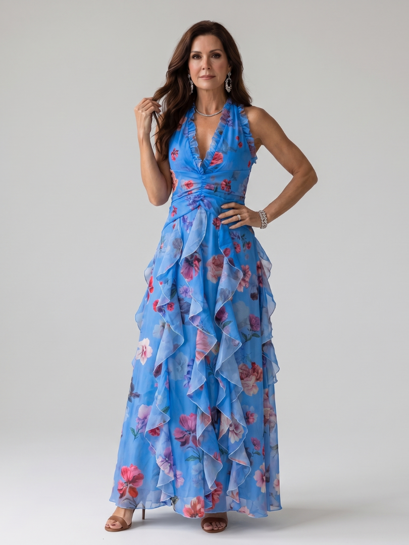 Nori | Geblümtes Maxikleid mit Sweetheart-Ausschnitt und Rüschenoberteil