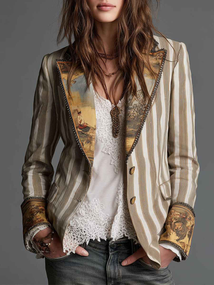 Damen Boho-Blazer mit Streifenmuster und bedrucktem Revers