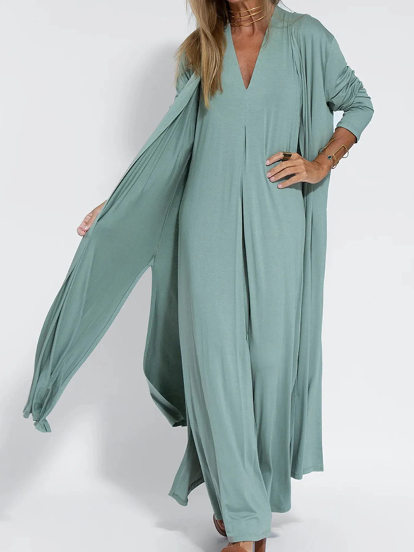 Ärmelloses Maxikleid mit V-Ausschnitt und Schlitz Große Größen