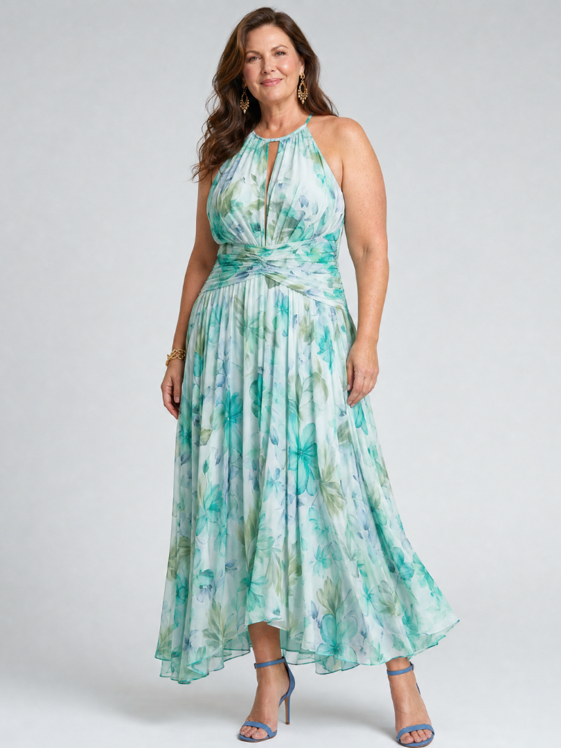Portia | Plissiertes trägerloses Midikleid mit zartem Blumenmuster