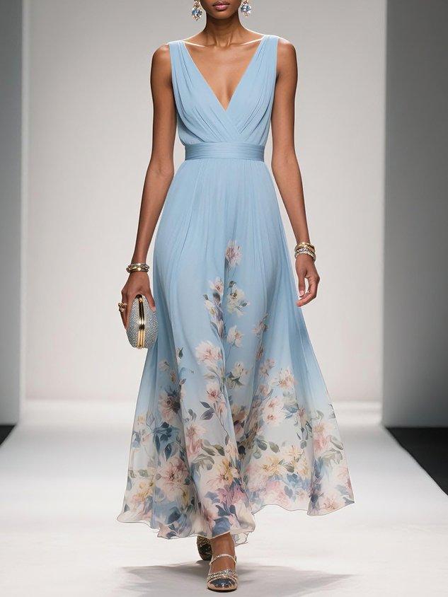 Rosa | Chiffon Chiffon Maxikleid Hellblau mit V-Ausschnitt