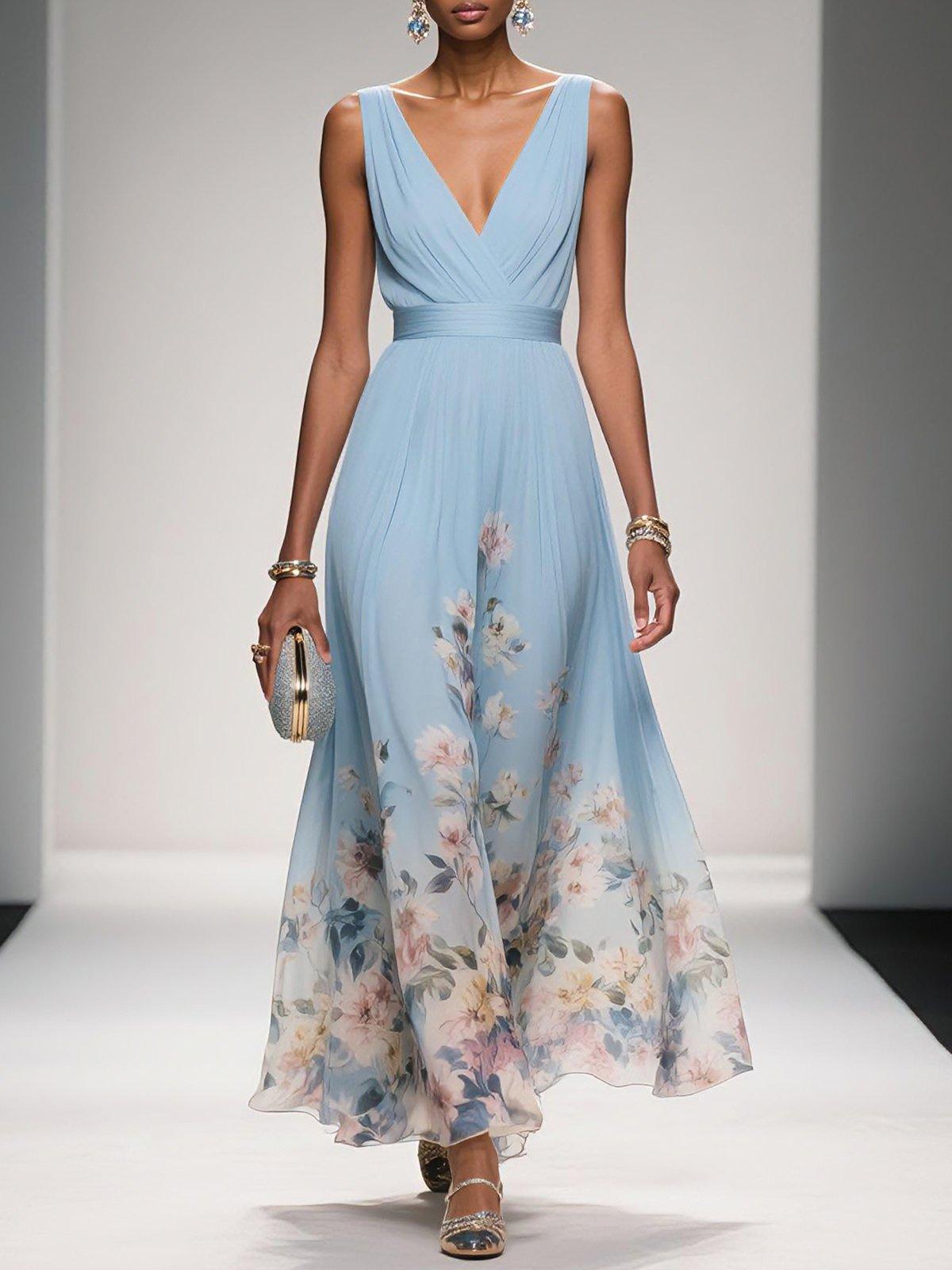 Rosa | Chiffon Chiffon Maxikleid Hellblau mit V-Ausschnitt