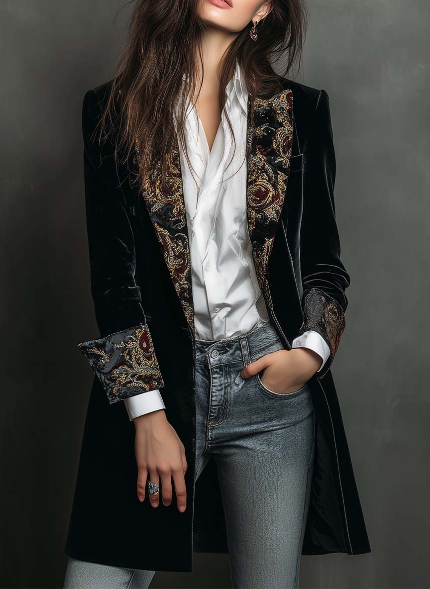 Damen Slim-Fit-Blazer in Schwarz mit Barockmuster und Revers