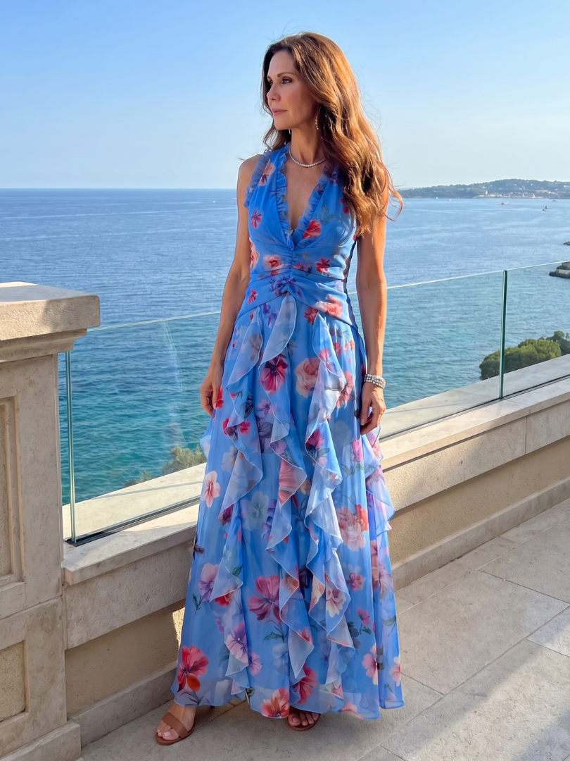Nori | Geblümtes Maxikleid mit Sweetheart-Ausschnitt und Rüschenoberteil