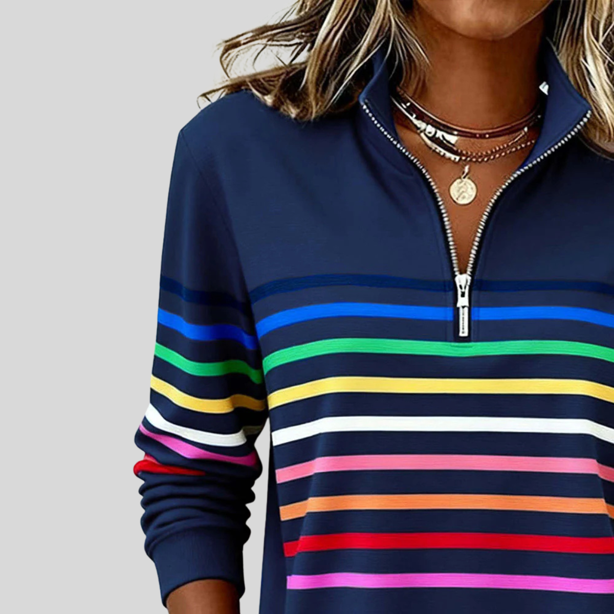 Prismette™ | Bunt gestreiftes Sweatshirt mit Viertelreißverschluss
