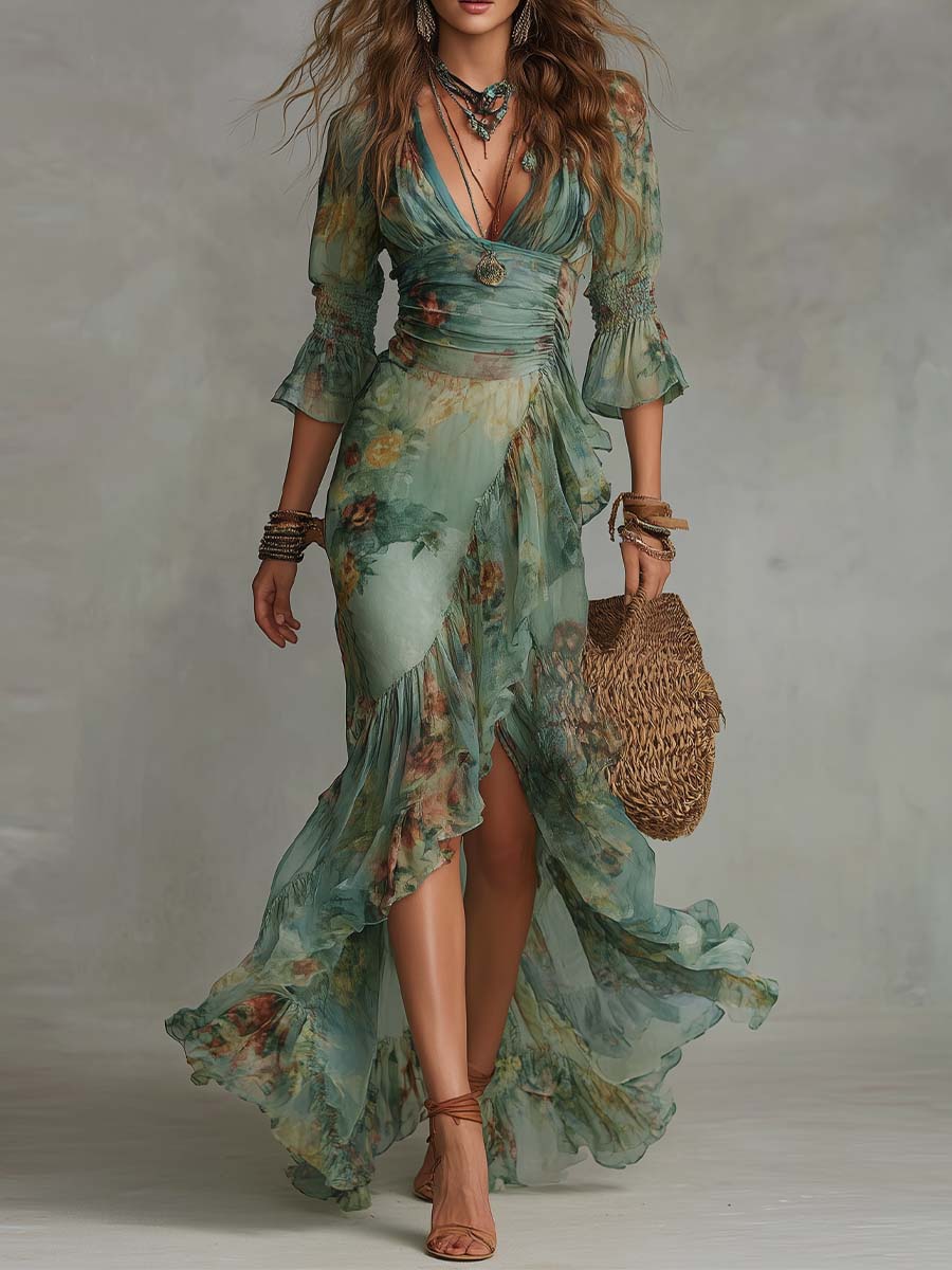 Aurora - langes Boho-Blumenkleid mit romantischem, asymmetrischem Saum