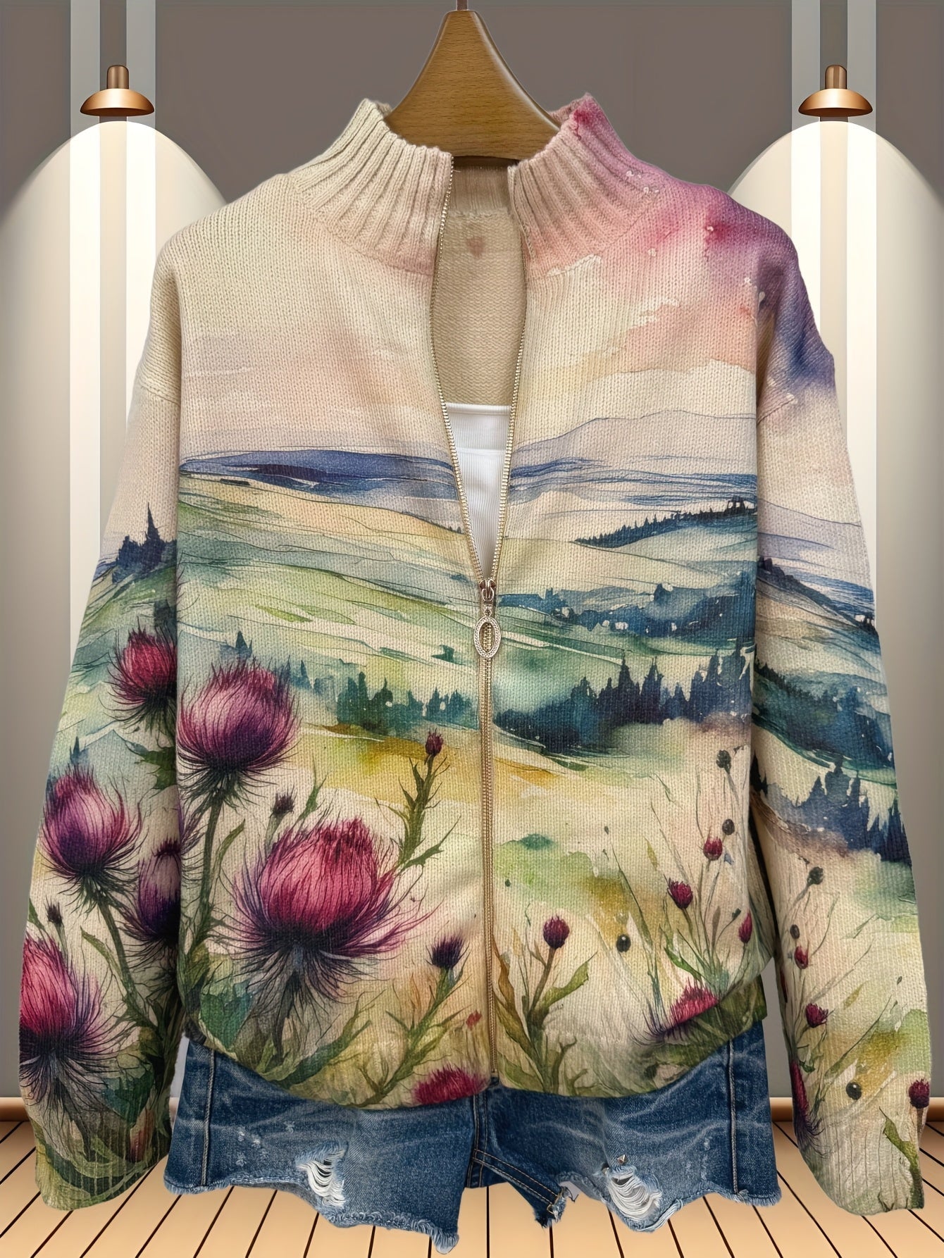 Zelda™ | Reißverschluss-Cardigan mit schottischer Distel-Landschaft