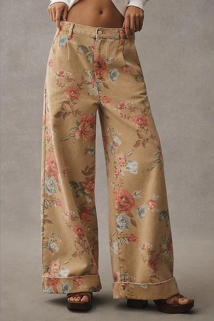 Florale Weite Rohre Hohe Taille Freizeithosen